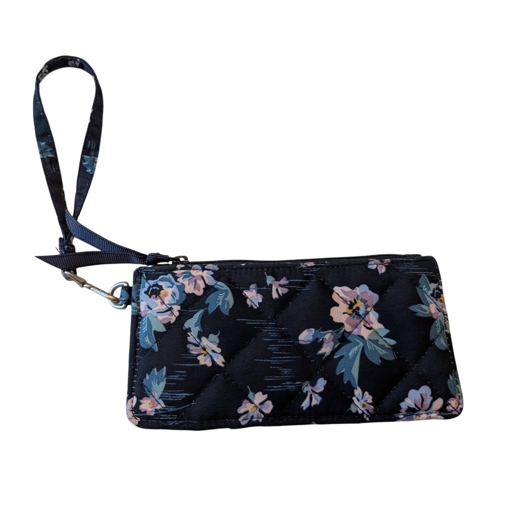 Vera Bradley ID Case Wallet Navy Garden Blue Floral Quilted RFID Wristlet Strap